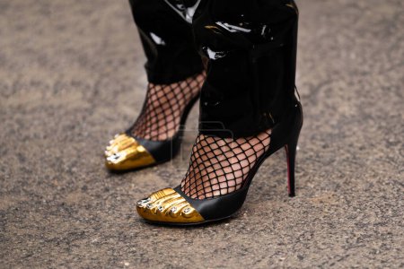Photo for Paris, France - January, 22, 2024: woman wears Schiaparelli high heels, street style details, fashion outfit detail. - Royalty Free Image
