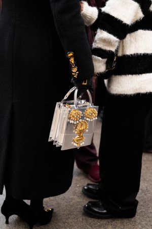 Photo for Paris, France - January, 22, 2024: woman wears embroidered jewelry Schiaparelli bag, fashion blogger outfit details, street style - Royalty Free Image