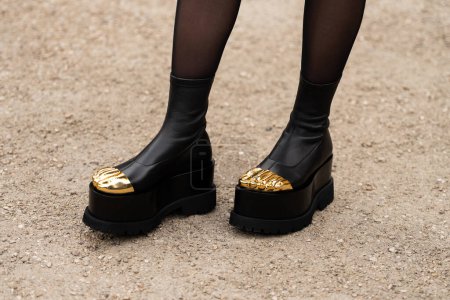 Photo for Paris, France - January, 22, 2024: woman wears Schiaparelli ankle boots, street style details, fashion outfit detail. - Royalty Free Image