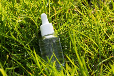 bouteille de sérum clair couché dans de l'herbe verte luxuriante, la lumière du soleil réfléchissant sur la bouteille