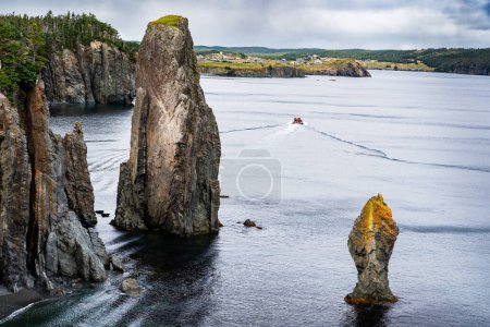 Téléchargez les photos : Un bateau d'excursion se déplaçant près de hautes falaises rocheuses le long du sentier de randonnée Skerwink sur la côte Est du Canada près de Port Rexton Terre-Neuve. - en image libre de droit
