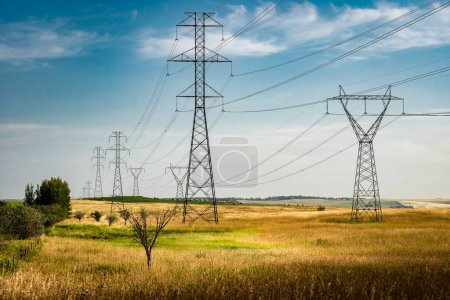Photo for Powerlines hanging from tall steel towers overlooking natural grasslands and prairie landscape in rural Alberta near Calgary. - Royalty Free Image
