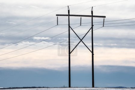 Isolierter hölzerner Strommast mit langen Kabeln, die im Abendlicht Strom transportieren, mit Blick auf die winterliche Prärie unter einem kalten farbigen Himmel in Alberta Kanada.