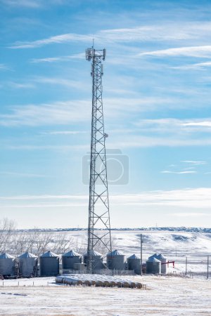 Tall Communications antenna overlooking grain silos on a rural property with the City of Calgary in the background in Rocky View County Alberta Canada.