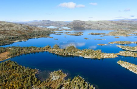Aerial landscape of lakes and mountains, Sweden.