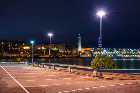 Photo for GOTHENBURG, SWEDEN - OCTOBER 3, 2019: Pier with lanterns at Gothenburg harbor - Royalty Free Image