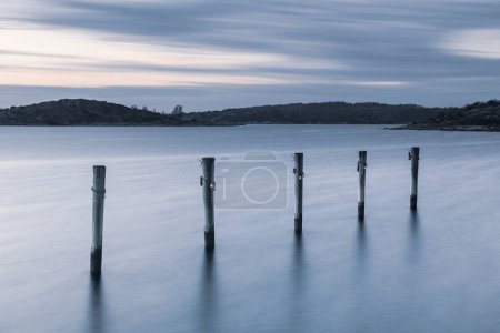 Photo for Poles standing in water at empty harbor - Royalty Free Image