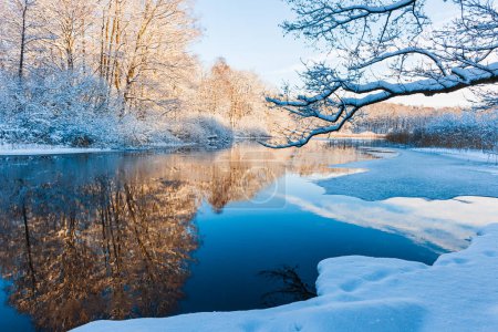 Spokojna zimowa scena zamarzniętej rzeki odzwierciedlająca lodowate błękitne niebo, otoczona śnieżnymi drzewami w Molndal, Szwecja.