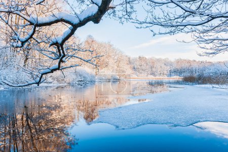 Photo for A tranquil winter scene of a frozen river reflecting the icy blue sky, surrounded by snow-covered trees in Molndal, Sweden. - Royalty Free Image