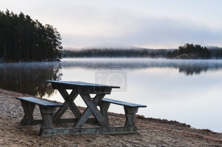 Foto de Una mañana tranquila en un lago sueco, la belleza de la naturaleza reflejada en su costa vacía. Un cielo brumoso y un desierto rodeando una mesa de picnic con árboles y plantas. - Imagen libre de derechos