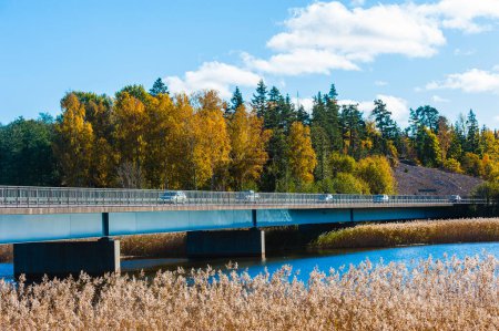 Foto de Un paisaje otoñal de Suecia con árboles, plantas y un lago en primer plano, enmarcado por un puente sobre un río. Coches se pueden ver conduciendo en la carretera de arriba, mientras que las nubes se llenan el cielo. - Imagen libre de derechos