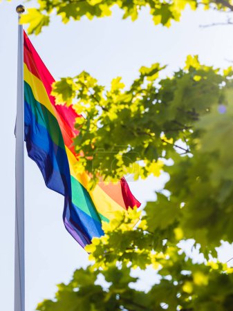 Foto de Bandera del arco iris ondeando en el viento contra un cielo azul. - Imagen libre de derechos