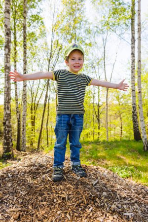 Téléchargez les photos : Joyeux petit garçon debout devant la forêt printanière - en image libre de droit