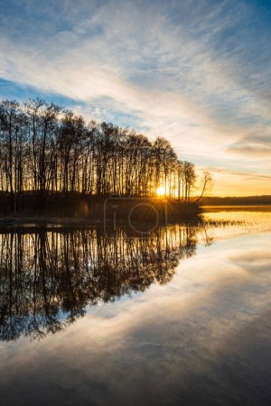 Téléchargez les photos : Soleil brille à travers les arbres au lac calme - en image libre de droit