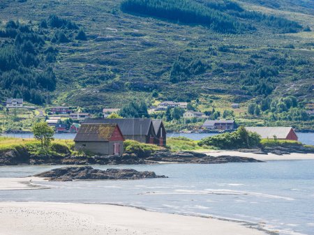 Téléchargez les photos : Beauté côtière : Norvège plage, maisons de bateaux, cabanes, arbres et paysages naturels sereins. - en image libre de droit