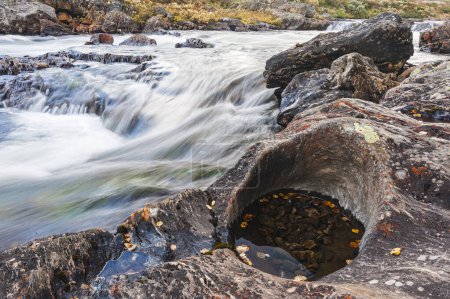 Photo for Rapid river flows over rocks through autumnal Norwegian landscape. - Royalty Free Image
