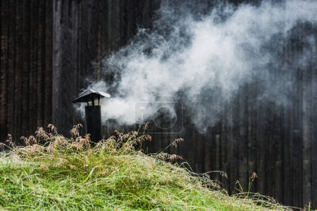Photo for Chimney releasing smoke from traditional Lapp cot in rural Sweden. - Royalty Free Image