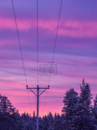 This image captures the serene beauty of a winter sunrise with vibrant purple and pink skies, silhouetted by snow-laden trees and the stark lines of electricity pylons. The tranquility of the scene is accentuated by the calm hues and the quiet of the