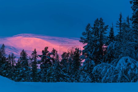 Ein schneebedeckter Berg steht prominent vor einer Baumkulisse in der Winterlandschaft Schwedens. Der weiße Schnee kontrastiert mit dem dunklen Grün des umliegenden Waldes und schafft eine eindrucksvolle visuelle Szene.