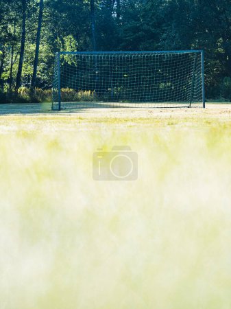 A solitary football goal stands at the center of a lush green field bathed in the warm, gentle light of a summers day in Molndal, Sweden. The goals net, slightly relaxed, hints at a calm period without the excitement of a game.
