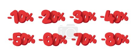Illustration for Set of sale percent 3d red numbers, rounded shapes cartoon render style, isolated - Royalty Free Image