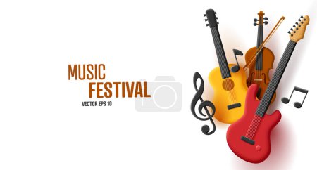 Ilustración de Festival de música 3d composición de violín de guitarra y bajo con clave y notas, elemento de cartel de colores, aislado - Imagen libre de derechos