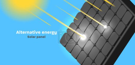 Ilustración de Paneles solares vector 3d ilustración con la batería y los rayos del sol, bandera - Imagen libre de derechos