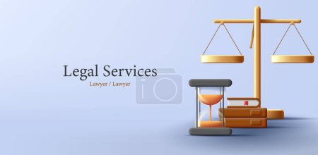 Illustration for Realistic Justice golden 3d Scales with glass sand clock and books. Law Balance Symbol Isolated Icon Vector Illustration - Royalty Free Image