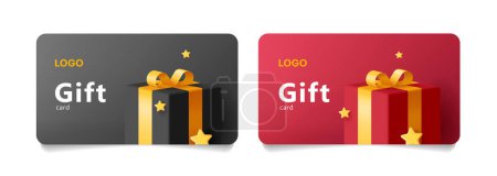 Gift card template with 3d illustration of gift box with golden ribbon and star confetti in black and red colors, isolated