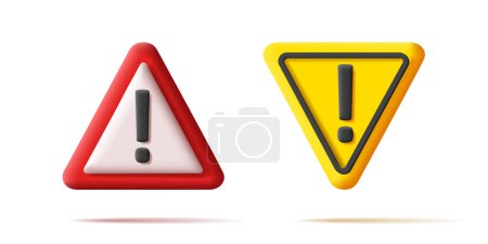 Illustration for 3d Red and yellow triangles warning sign with exlamation mark vector illustration. isolated set - Royalty Free Image