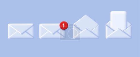 Illustration for Set of 3d white mail envelops, open with document and closed with red dot notification, inbox icon - Royalty Free Image