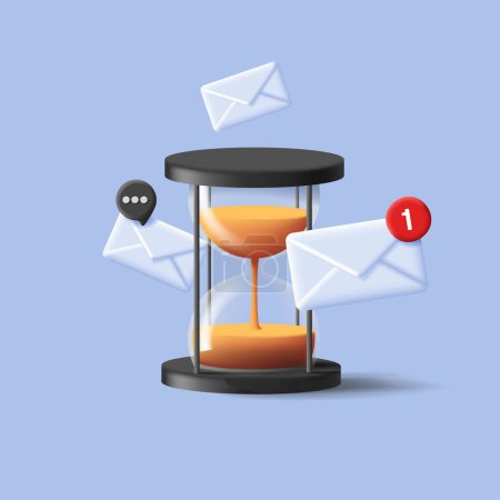 Glass sand clock 3d icon with white envelops around it, render composition digital illustration, time to read mail
