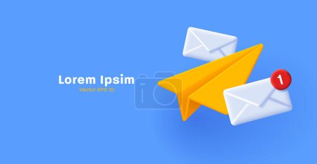 Illustration for 3d illustration of yellow paper plane with white mail envelopes on blue backdrop - Royalty Free Image