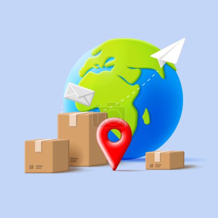 Ilustración de 3d illustration of shipment delivery with globe icon and carton boxes and paper plane and envelope with geo tag, promo composition - Imagen libre de derechos