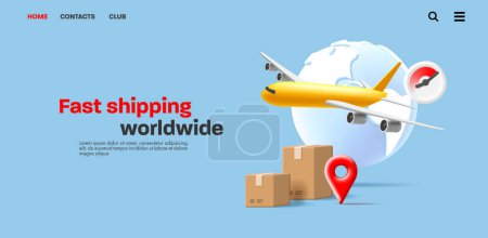 3d illustration banner with carton boxes, air plane and stopwatch with white globe, fast worldwide shipment promo