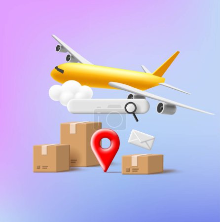 Shippment online tracking 3d render composition with carton boxes and yellow airplaine, search field UI element, fast delivery banner