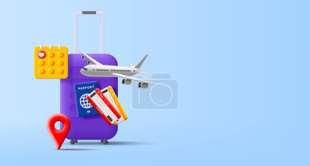 3d composition with travel suitcase and calendar date, plane and passports with boarding pass, render illustration, banner