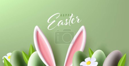 Tarjeta de felicitación de Pascua con orejas de conejo, huevos de colores y flores en la parte inferior de la pantalla, 3d renderizar ilusión moderna sobre fondo verde
