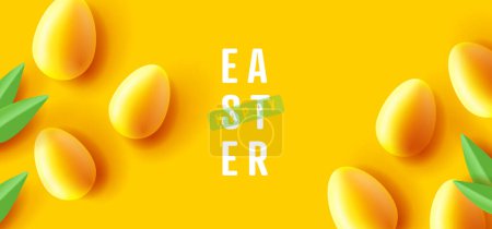 Illustration for Happy Easter poster or greeting card with 3d eggs render monochrome style wuth green grass, hide and seek - Royalty Free Image