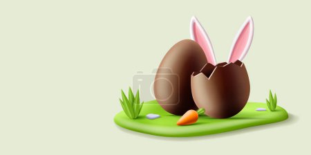 Téléchargez les illustrations : 3d Easter banner with chocolate egg, bunny ears hiding behind, carrot on an island on green grass, children game - en licence libre de droit