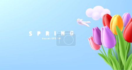 Téléchargez les illustrations : Composition 3d avec bouquet de tulipes sur fond de ciel avec nuage et oiseau colombe, bannière de printemps, affiche de souhaits de la fête des mères - en licence libre de droit