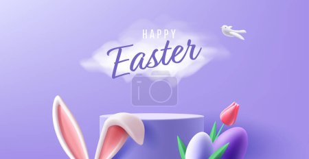 Illustration for Spring Easter greeting card with product placement podium surrounded with bunny ears, eggs and tulip, with Easter typo in clouds with dove flying - Royalty Free Image