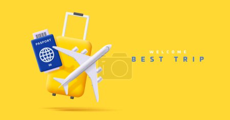 Téléchargez les illustrations : 3d composition with travel suitcase, plane and passport, render illustration in yellow colours. Advertising banner - en licence libre de droit