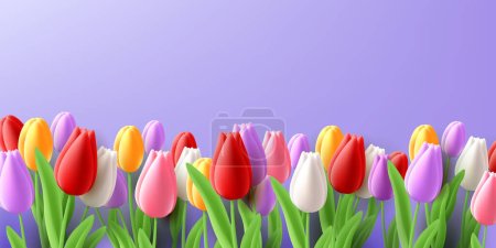 Téléchargez les illustrations : Bordure de fleurs de tulipe au bas de l'écran, fleur colorée de style rendu 3d, isolée - en licence libre de droit