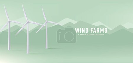 Illustration for Wind electro station in the mountains, 3d illustration banner, realistic render style with flat background, green energy - Royalty Free Image