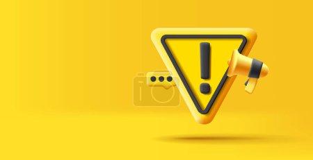 Illustration for Important announcement 3d render soft shaped triangle, yellow with black lines, exclamation mark and message with megaphone, web banner - Royalty Free Image