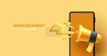 Illustration for 3d banner with smartphone and megaphone announcement, social media online mobile platform advertising composition - Royalty Free Image