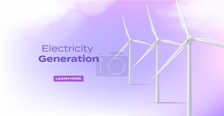 Illustration for Wind electro station 3d illustration, promo banner with mills high in the sky with clouds on violet backdrop, sustainable energy - Royalty Free Image