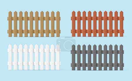 Téléchargez les illustrations : Ensemble de clôture en bois de différentes couleurs. Eléments de conception détaillés isolés. Graphiques de style 3d - en licence libre de droit