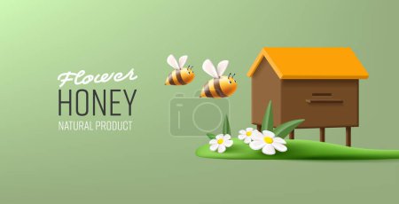 Illustration for Beeihive home with bees flying and grass with flowers 3d vector illustration banner - Royalty Free Image